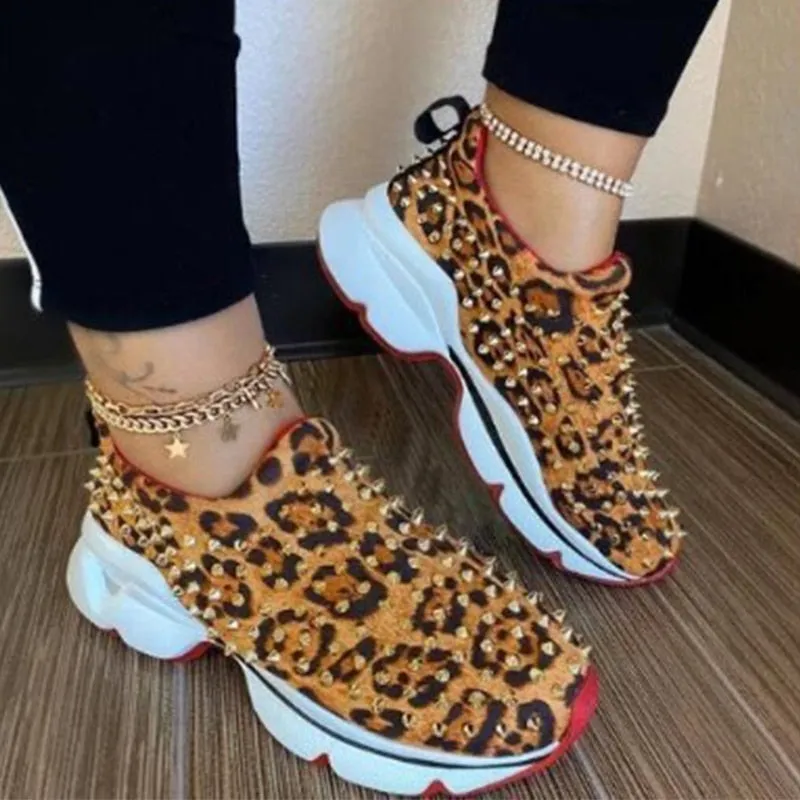 2022 Sneakers Women Vulcanized Woman Rivet Sports Shoes Female Platform Wedges Ladies Leopard Casual Slip On Footwear Plus Size