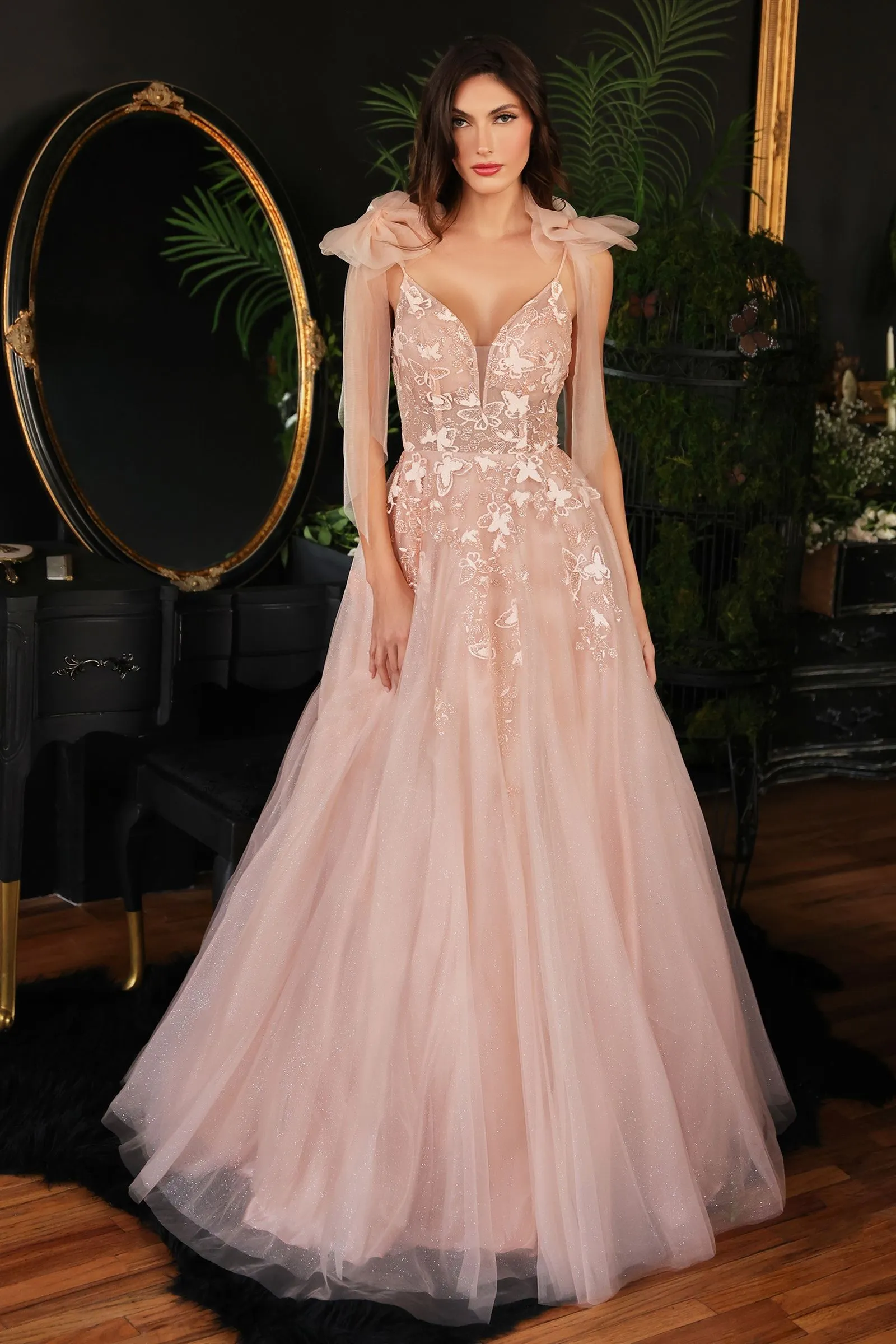 A-Line Tulle Detail V-neck Pointy Back Bodice Adorable Long Prom & Bridesmaid Dress CDCB097