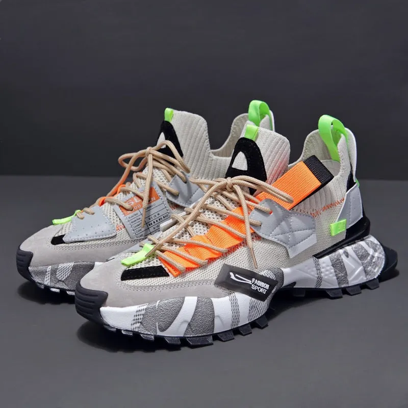ADBOOV Genuine Leather Knit Fashion Men Sneakers Breathable Sock Chunky Shoes Trainers