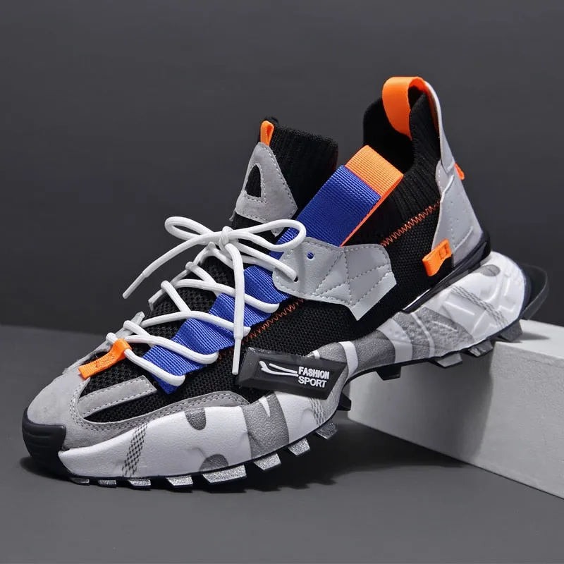 ADBOOV Genuine Leather Knit Fashion Men Sneakers Breathable Sock Chunky Shoes Trainers
