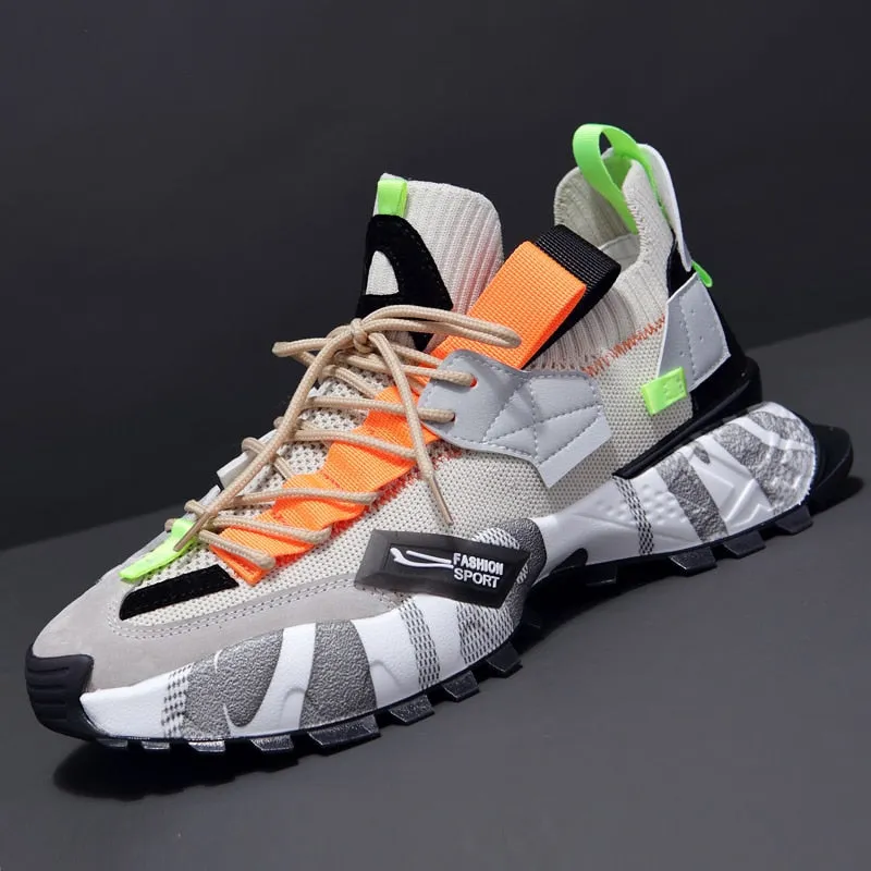 ADBOOV Genuine Leather Knit Fashion Men Sneakers Breathable Sock Chunky Shoes Trainers