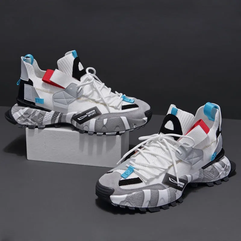 ADBOOV Genuine Leather Knit Fashion Men Sneakers Breathable Sock Chunky Shoes Trainers