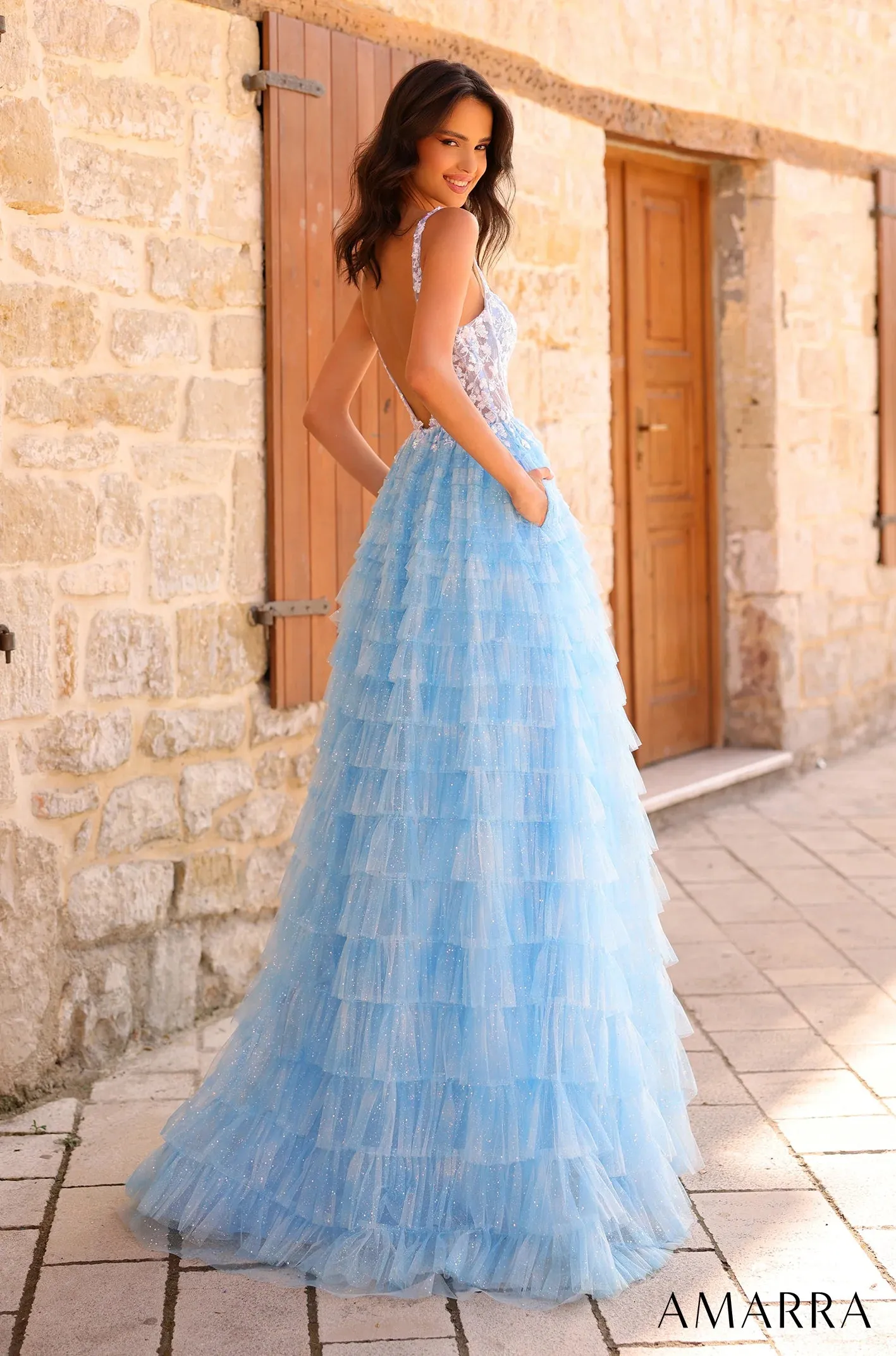 Amarra 88833 Long Prom Dress A-Line Sparkling Tulle Sheer Lace Floral Ruffled Skirt Formal Pageant  Gown