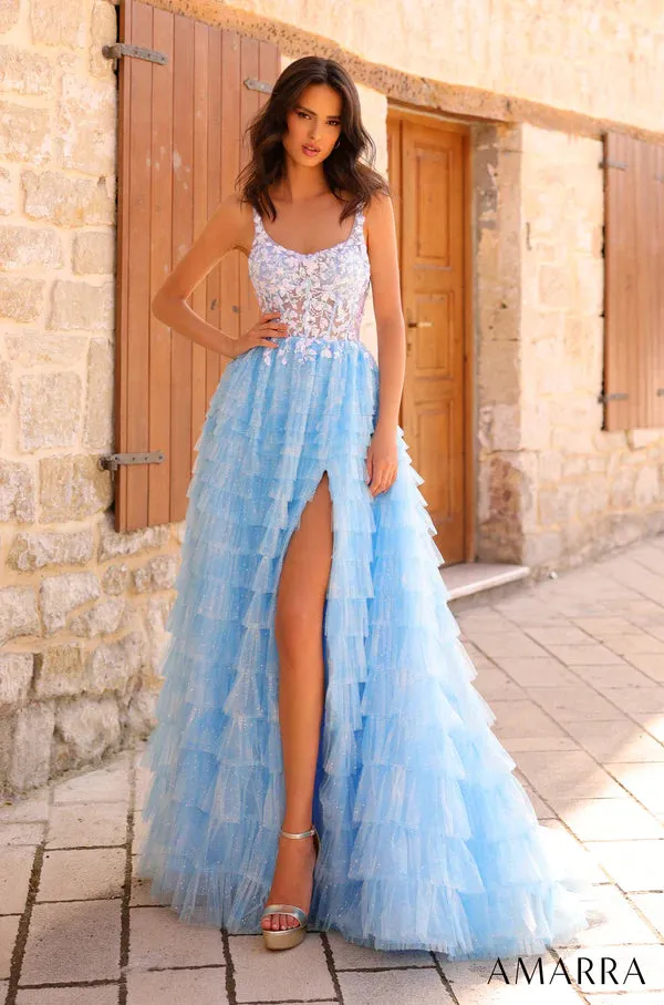 Amarra 88833 Long Prom Dress A-Line Sparkling Tulle Sheer Lace Floral Ruffled Skirt Formal Pageant  Gown