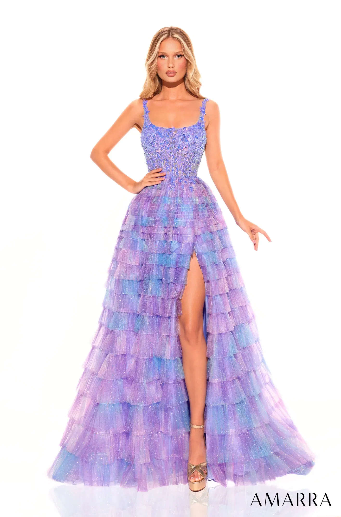 Amarra 88833 Long Prom Dress A-Line Sparkling Tulle Sheer Lace Floral Ruffled Skirt Formal Pageant  Gown
