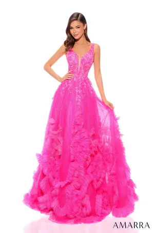 Amarra 88880 Long Prom Dress A-Line Plunging V Shape Tulle Train Ball Gown Formal Pageant Gown