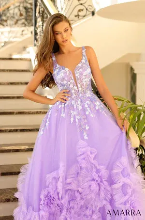 Amarra 88880 Long Prom Dress A-Line Plunging V Shape Tulle Train Ball Gown Formal Pageant Gown