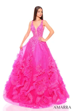 Amarra 88880 Long Prom Dress A-Line Plunging V Shape Tulle Train Ball Gown Formal Pageant Gown