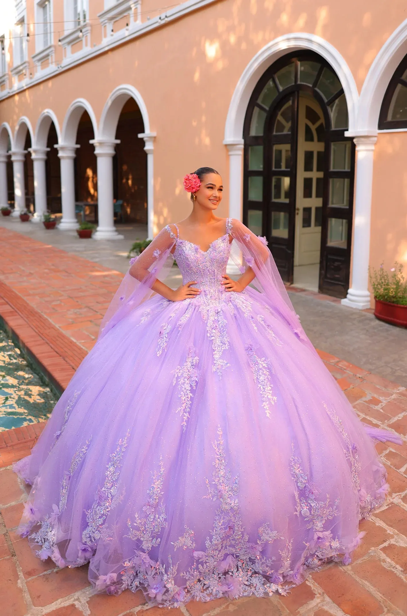 Amarra Quinceanera 54306 Beaded Lace Party Birthday Dress Cape off the Shoulder Ball Gown