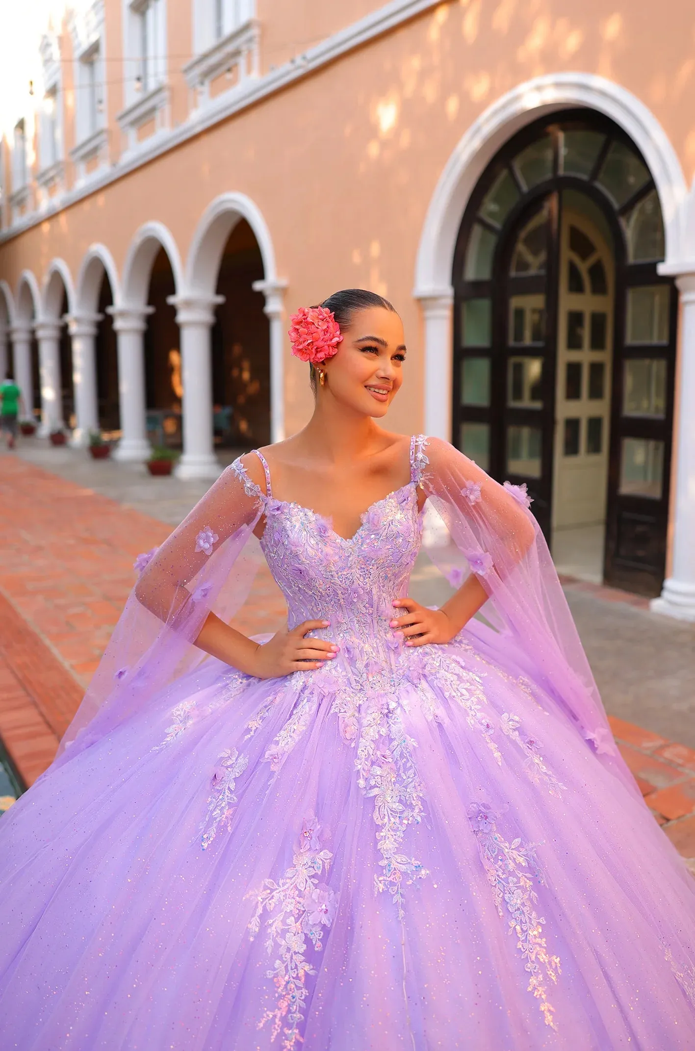 Amarra Quinceanera 54306 Beaded Lace Party Birthday Dress Cape off the Shoulder Ball Gown