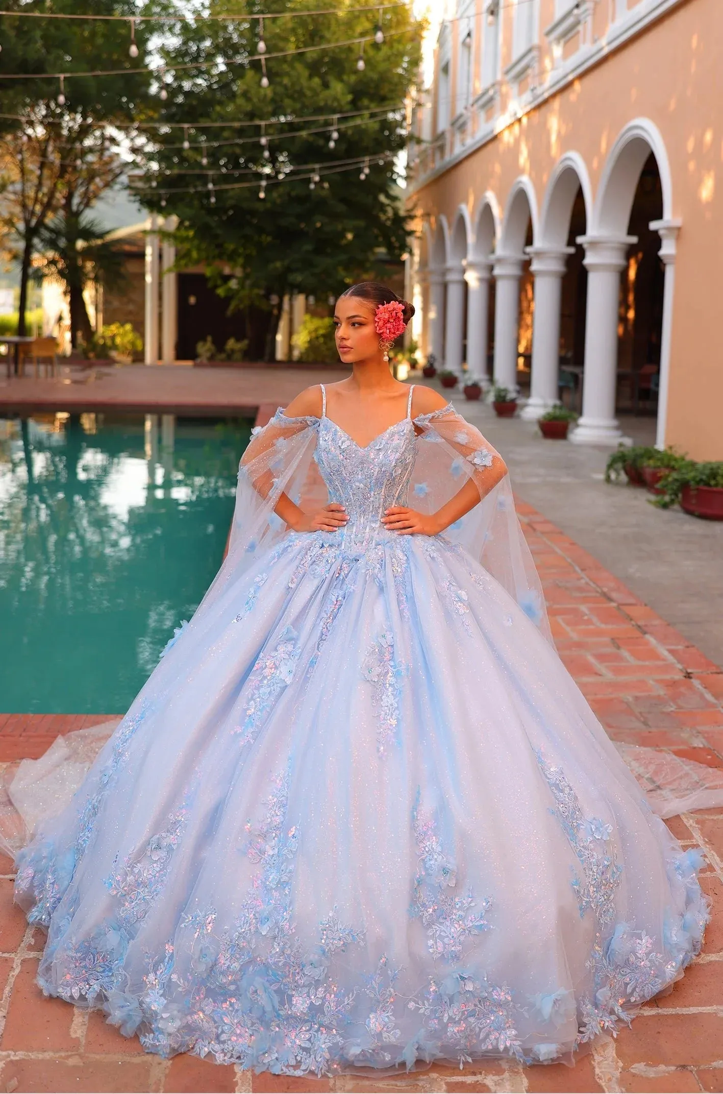 Amarra Quinceanera 54306 Beaded Lace Party Birthday Dress Cape off the Shoulder Ball Gown