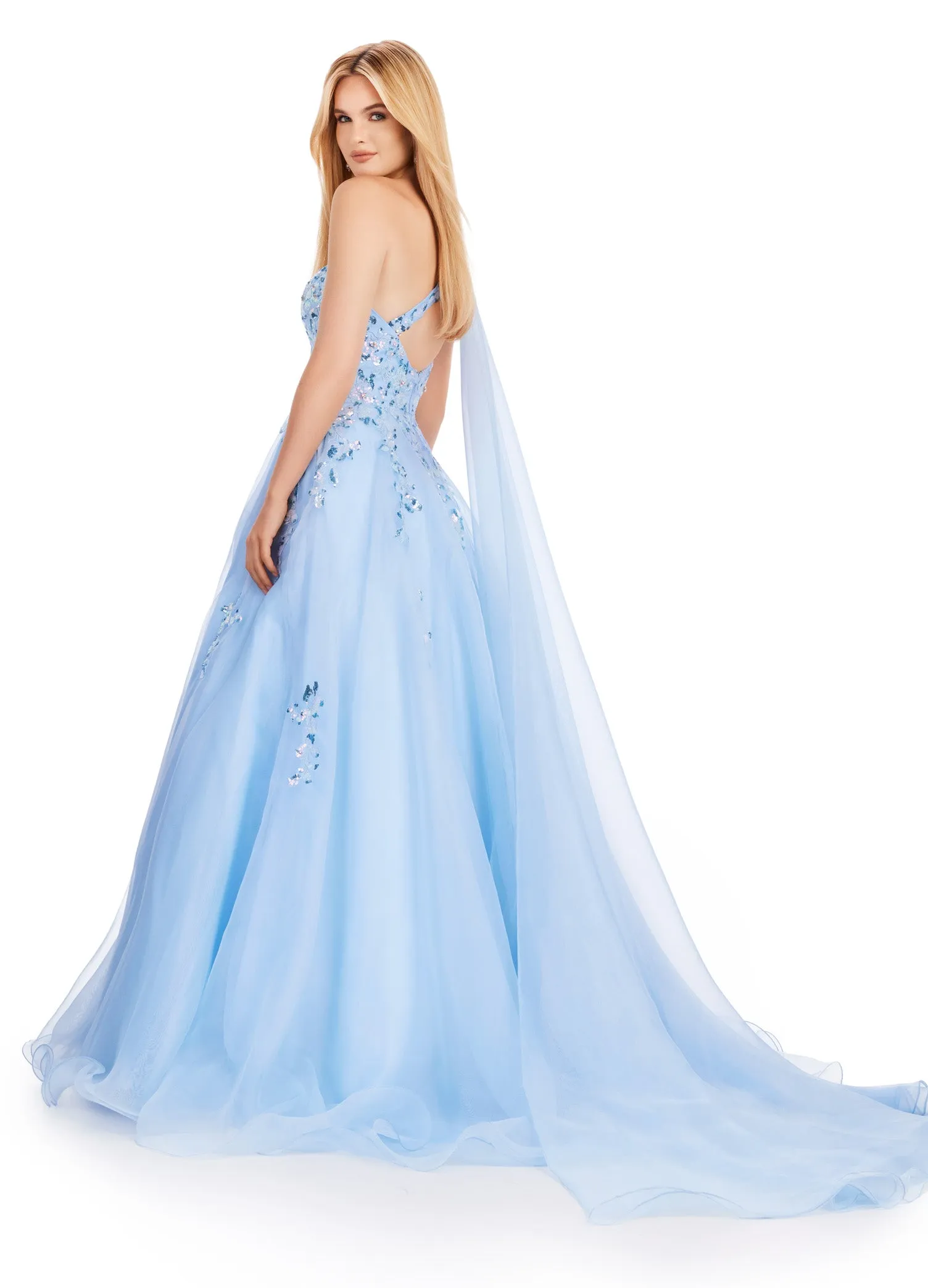 Ashley Lauren 11573 Long Prom Dress One Shoulder Organza Gown Sequin Applique Formal Pageant