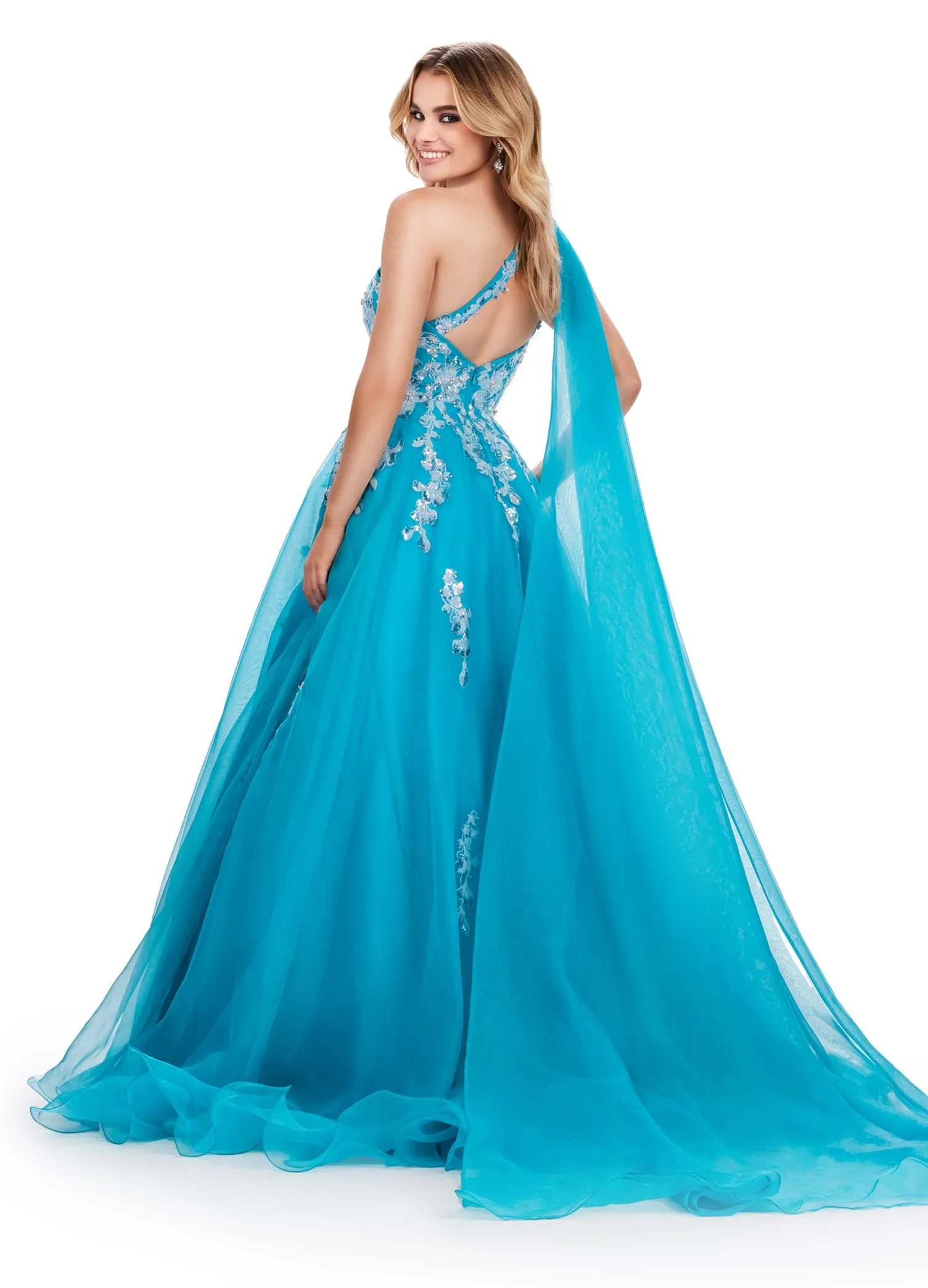 Ashley Lauren 11573 Long Prom Dress One Shoulder Organza Gown Sequin Applique Formal Pageant