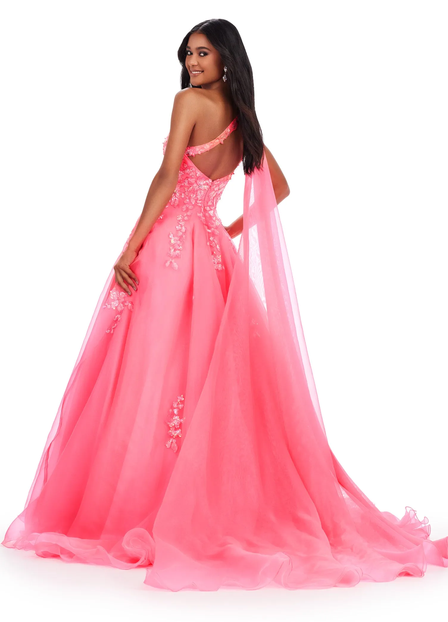 Ashley Lauren 11573 Long Prom Dress One Shoulder Organza Gown Sequin Applique Formal Pageant