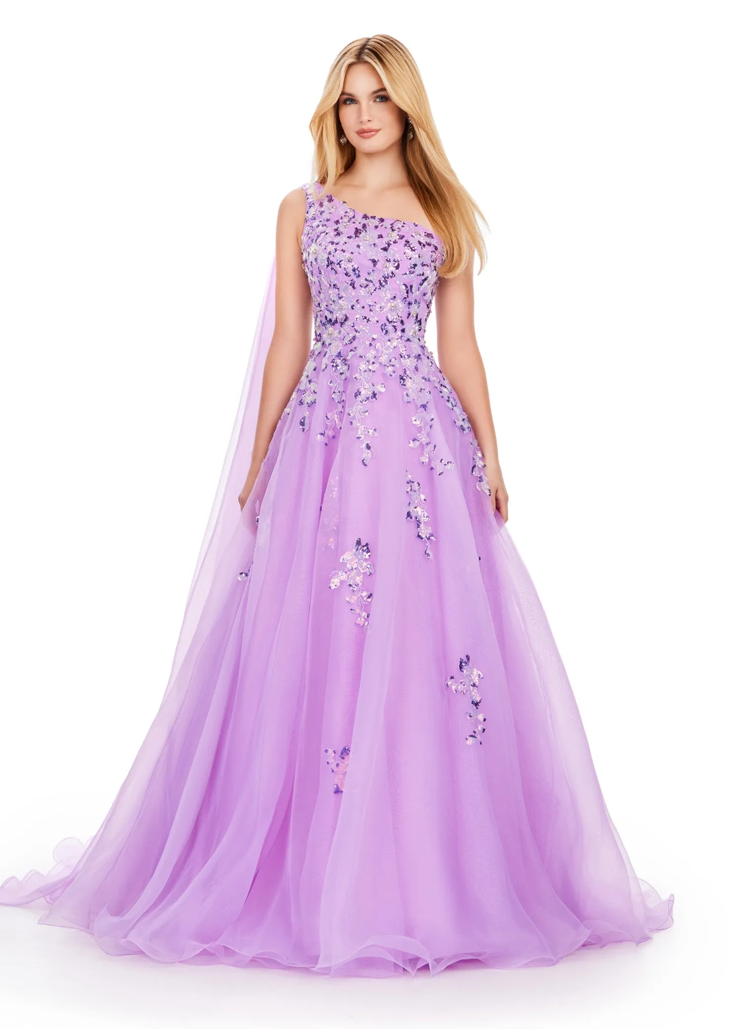 Ashley Lauren 11573 Long Prom Dress One Shoulder Organza Gown Sequin Applique Formal Pageant
