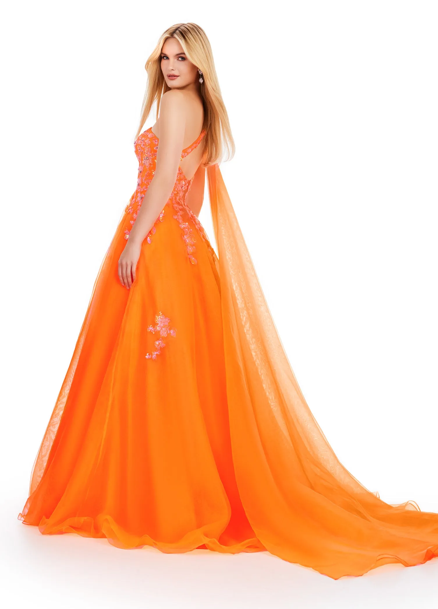 Ashley Lauren 11573 Long Prom Dress One Shoulder Organza Gown Sequin Applique Formal Pageant