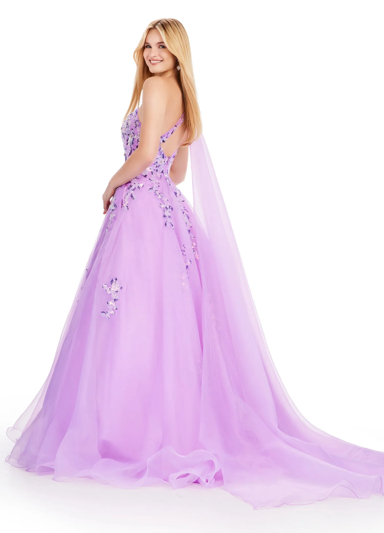 Ashley Lauren 11573 Long Prom Dress One Shoulder Organza Gown Sequin Applique Formal Pageant