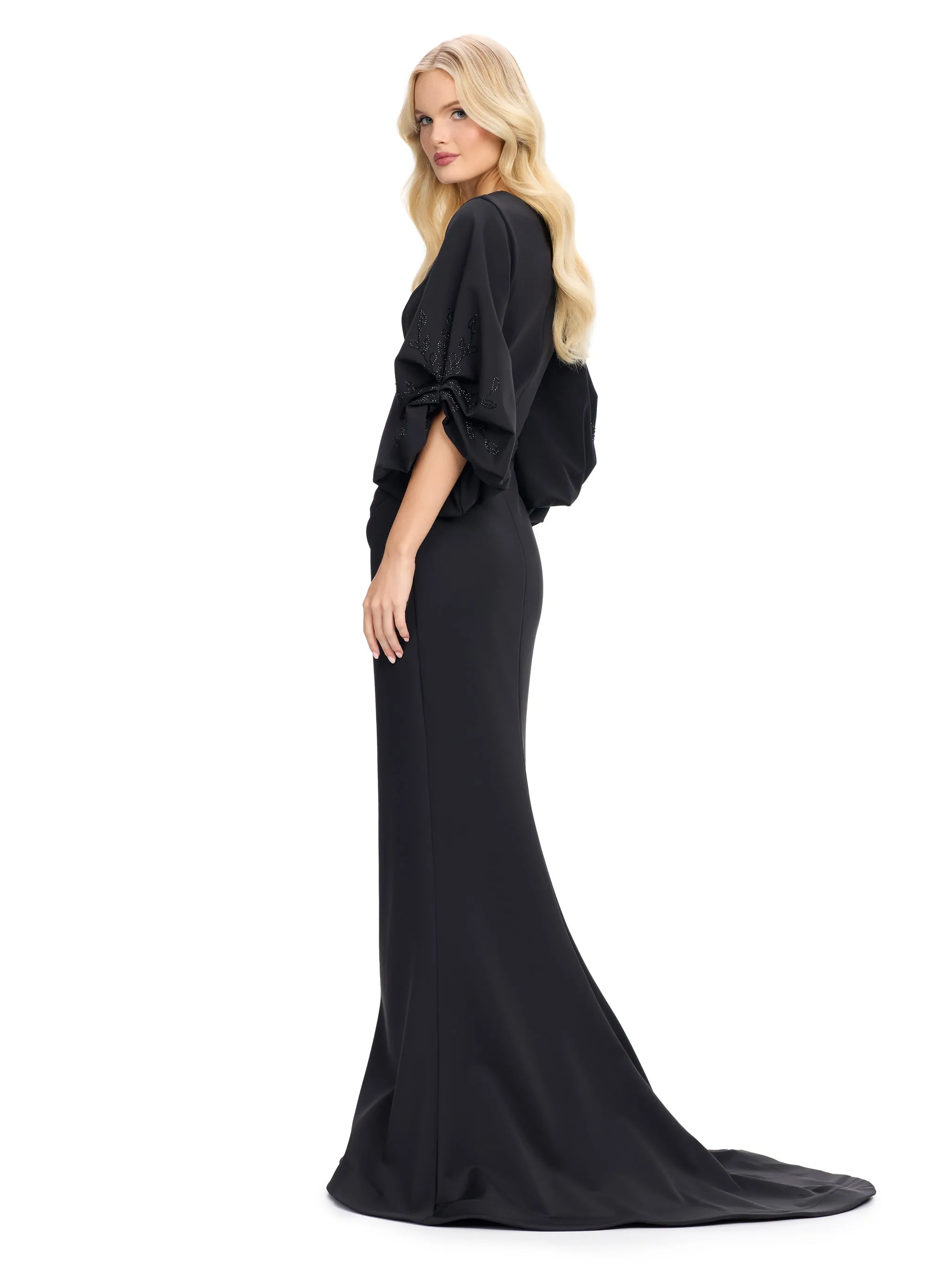 Ashley Lauren 11740 Long Gathered Sleeves Evening Gown Scuba belted waistline
