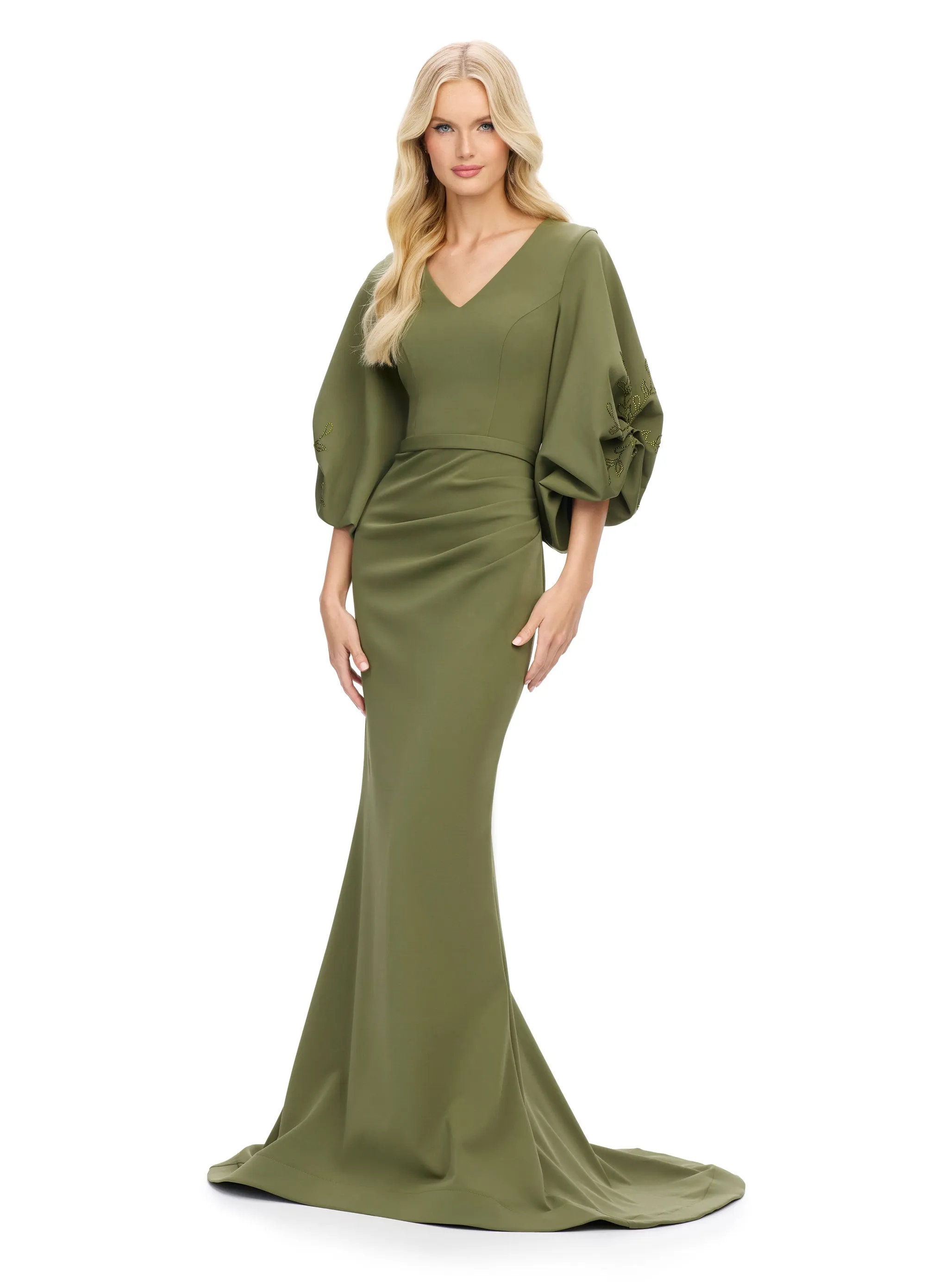 Ashley Lauren 11740 Long Gathered Sleeves Evening Gown Scuba belted waistline