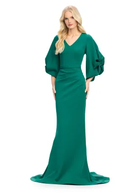 Ashley Lauren 11740 Long Gathered Sleeves Evening Gown Scuba belted waistline
