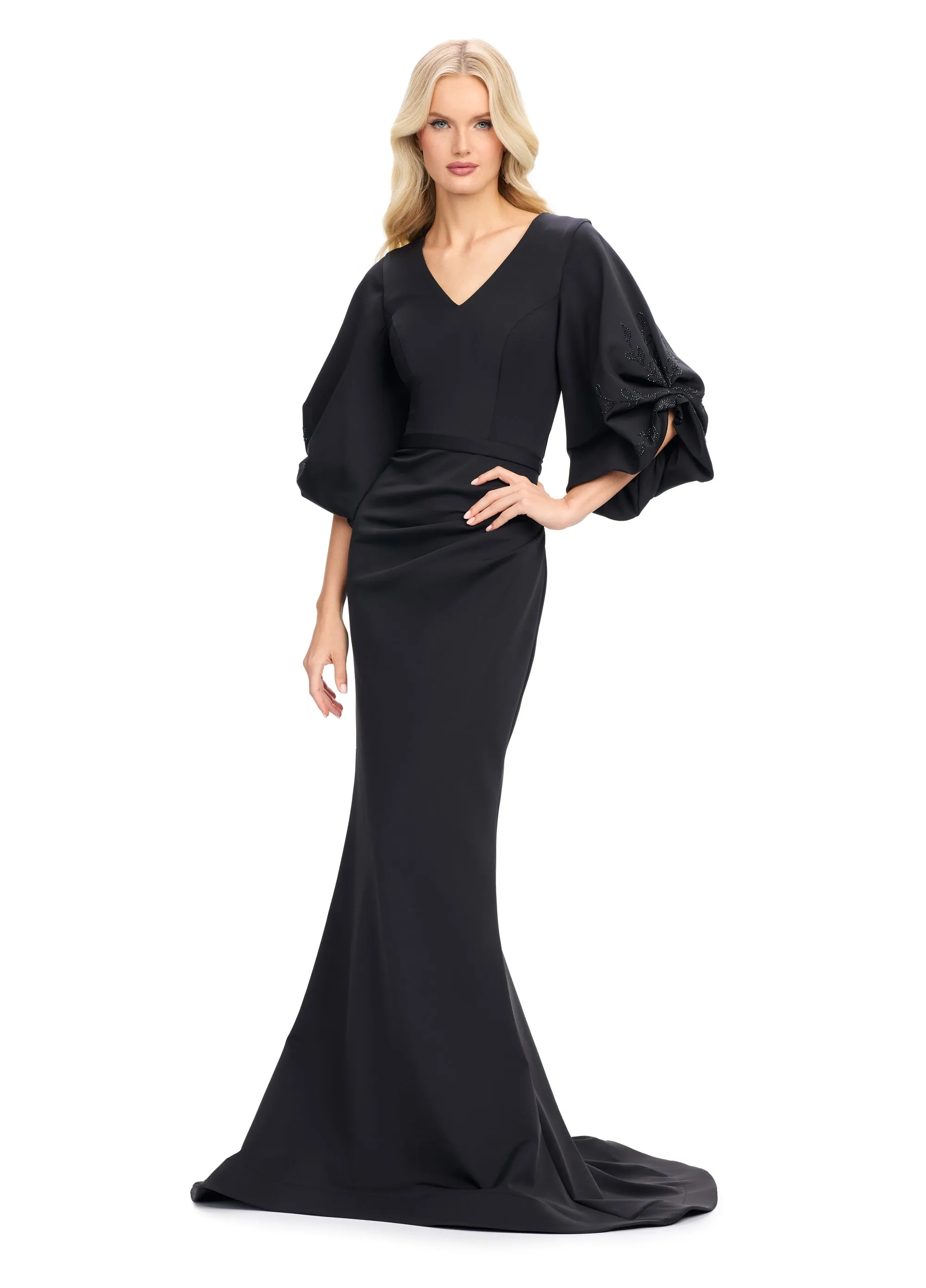 Ashley Lauren 11740 Long Gathered Sleeves Evening Gown Scuba belted waistline
