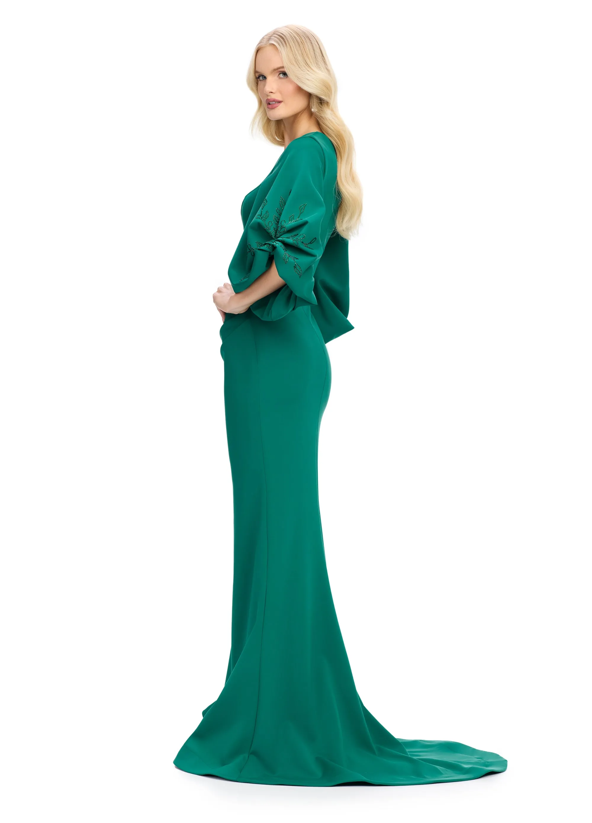 Ashley Lauren 11740 Long Gathered Sleeves Evening Gown Scuba belted waistline