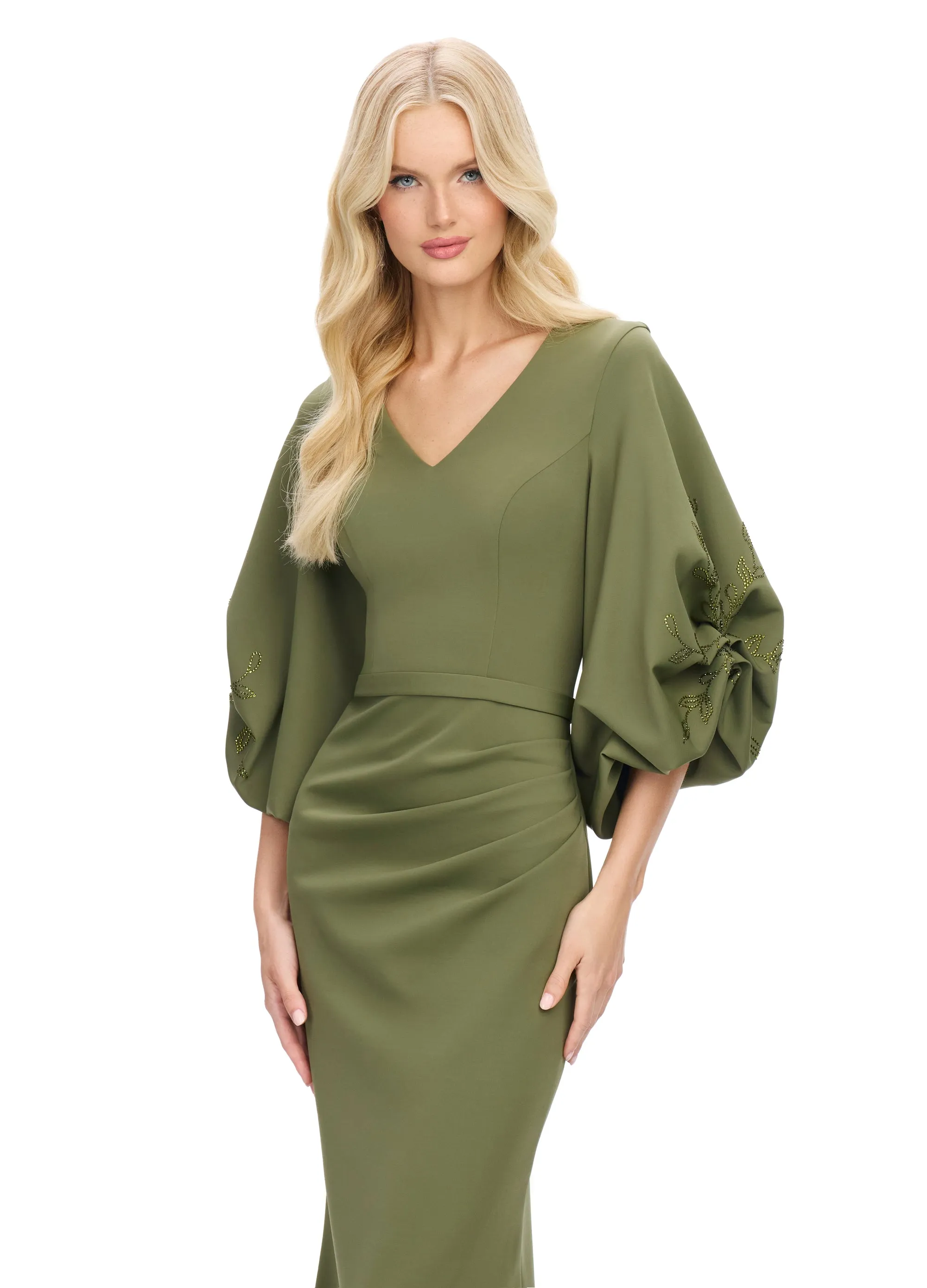 Ashley Lauren 11740 Long Gathered Sleeves Evening Gown Scuba belted waistline