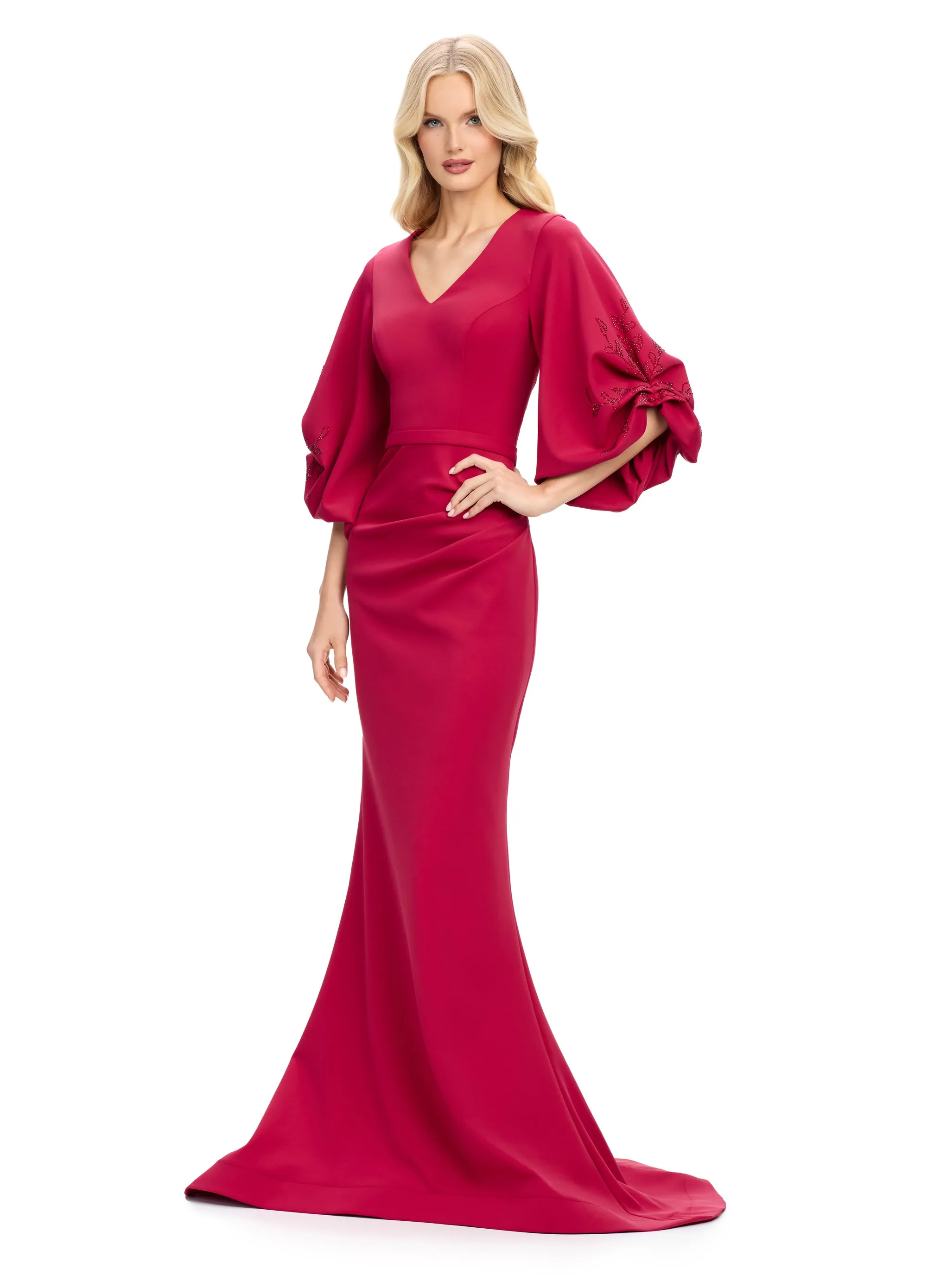 Ashley Lauren 11740 Long Gathered Sleeves Evening Gown Scuba belted waistline