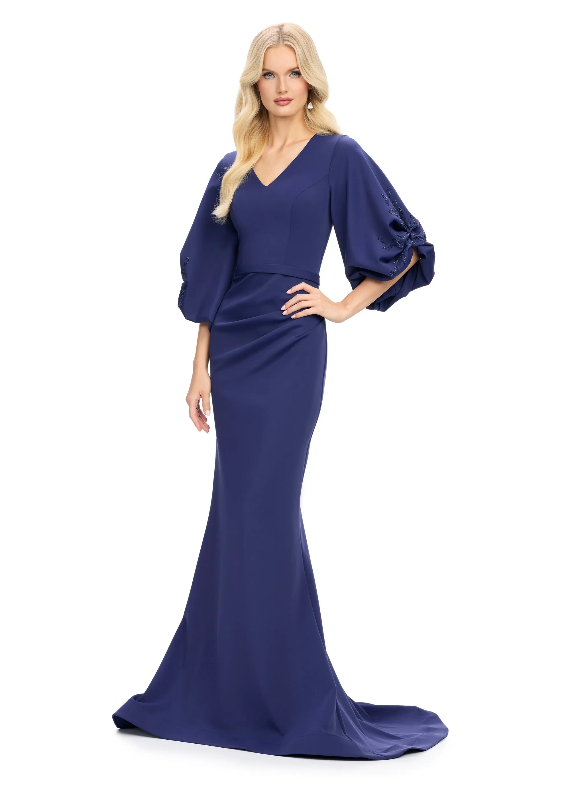 Ashley Lauren 11740 Long Gathered Sleeves Evening Gown Scuba belted waistline