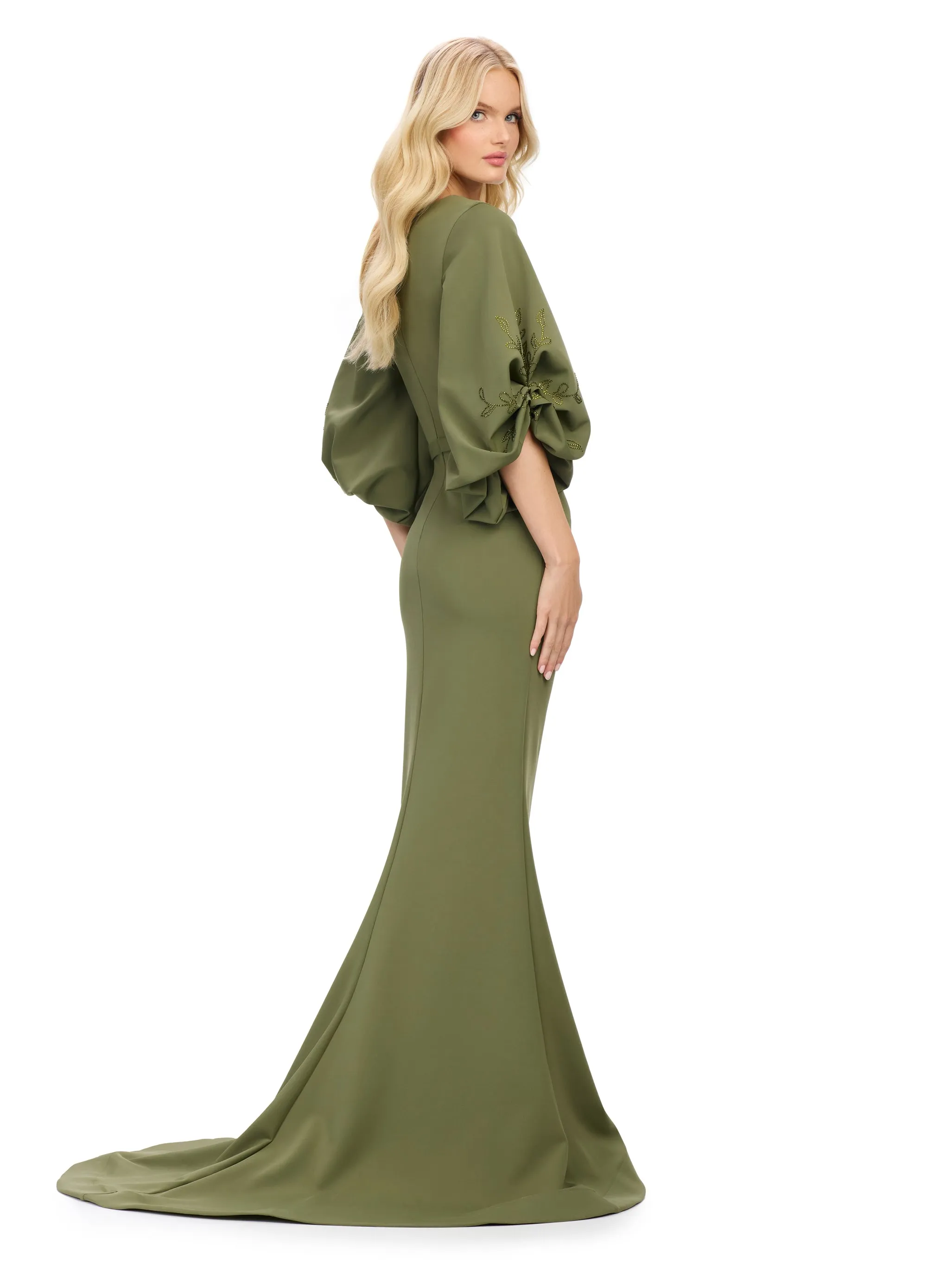 Ashley Lauren 11740 Long Gathered Sleeves Evening Gown Scuba belted waistline