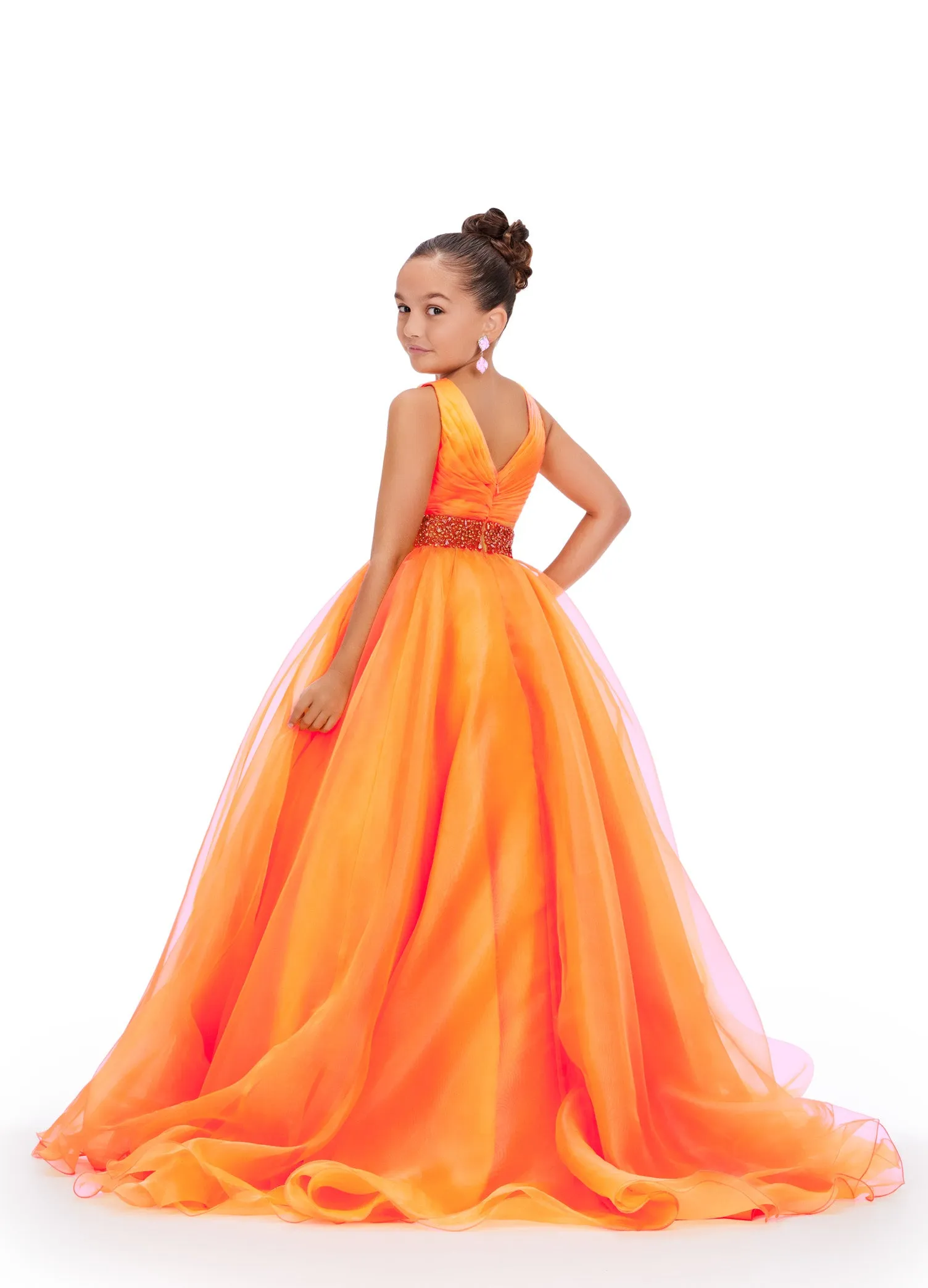 Ashley Lauren Kids 8249 Size 8 Orange Girls Organza A Line Pageant Dress Ballgown V Neck Crystal Belt