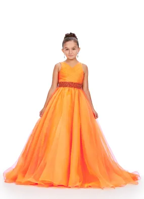 Ashley Lauren Kids 8249 Size 8 Orange Girls Organza A Line Pageant Dress Ballgown V Neck Crystal Belt