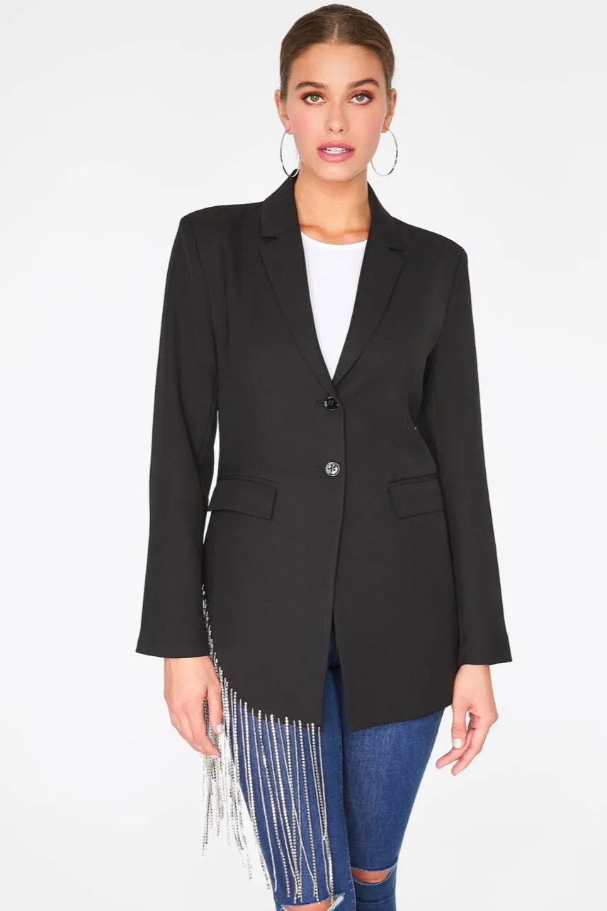 ASYMMETRICAL BLAZER WITH RHINESTONE FRINGE