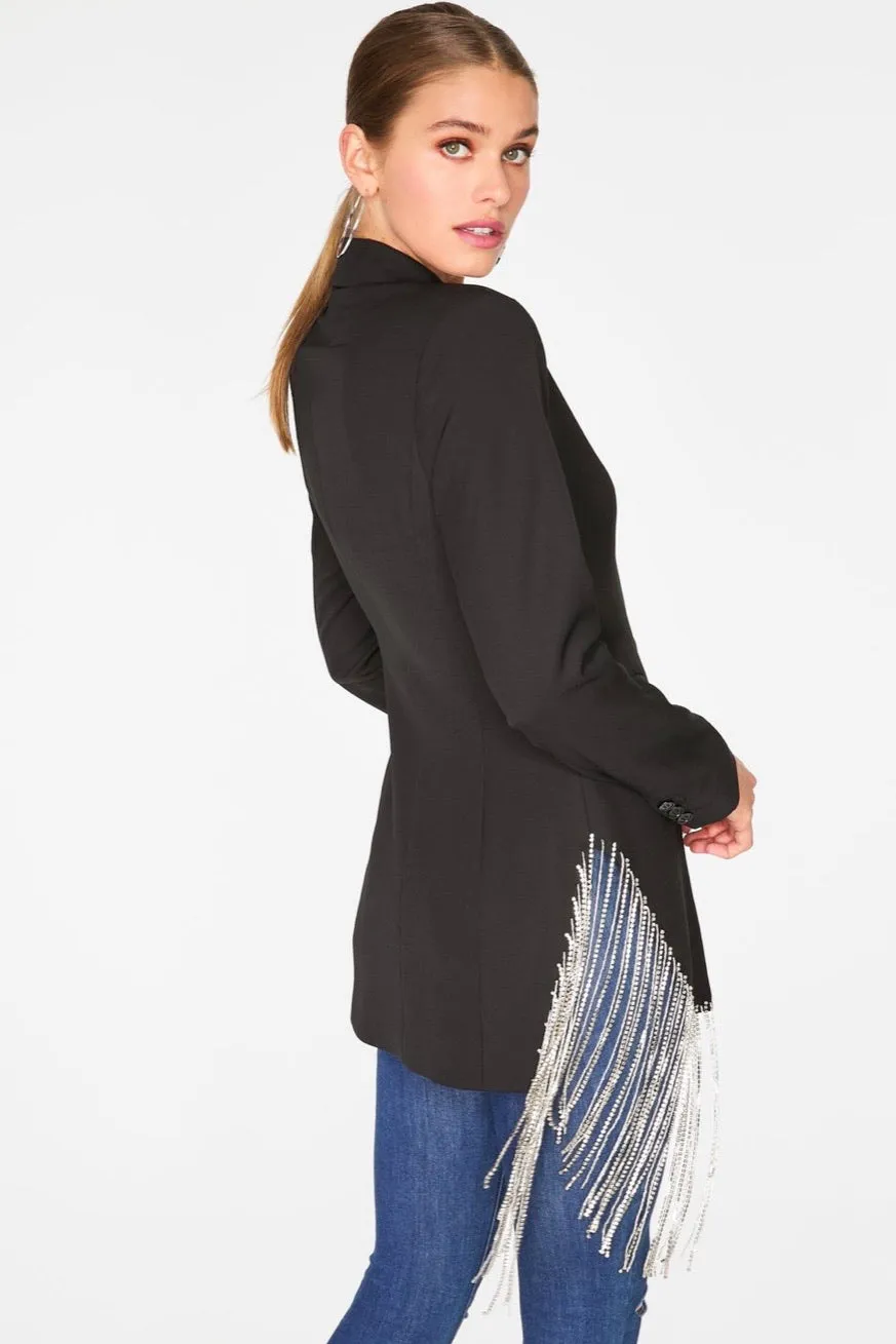 ASYMMETRICAL BLAZER WITH RHINESTONE FRINGE