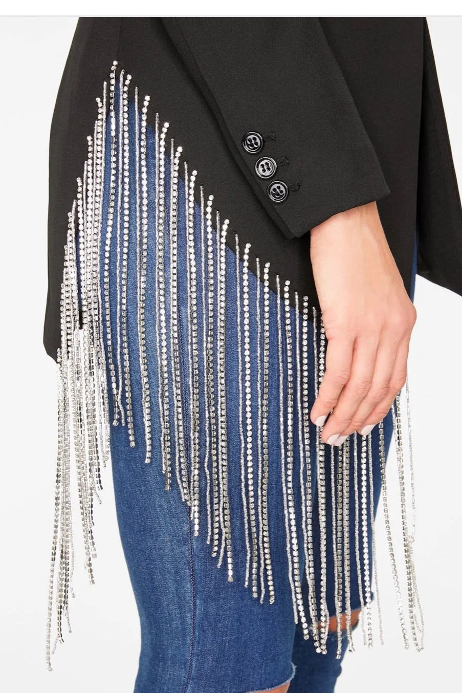 ASYMMETRICAL BLAZER WITH RHINESTONE FRINGE