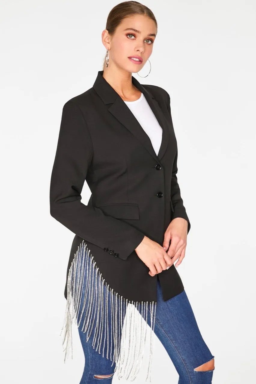 ASYMMETRICAL BLAZER WITH RHINESTONE FRINGE