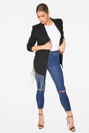 ASYMMETRICAL BLAZER WITH RHINESTONE FRINGE