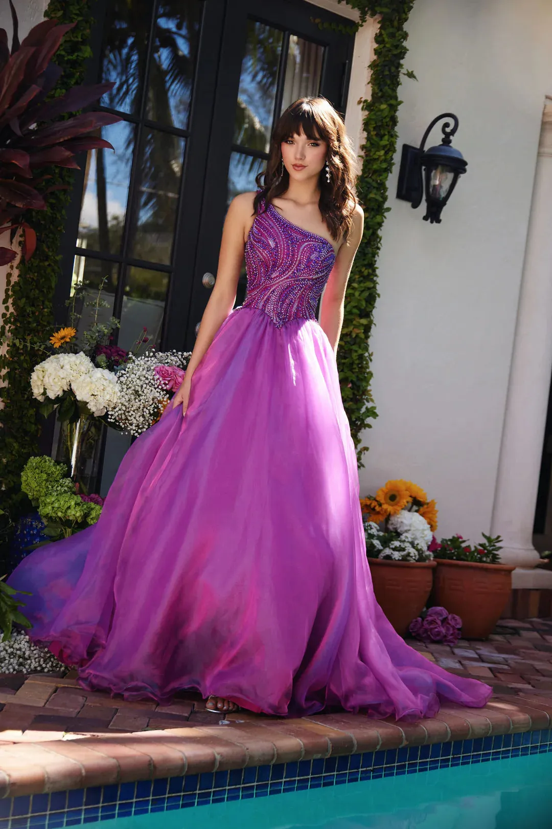 Ava Presley 29258 Long One Shoulder Beaded Pageant Dress Ball Gown A Line Prom Formal Train