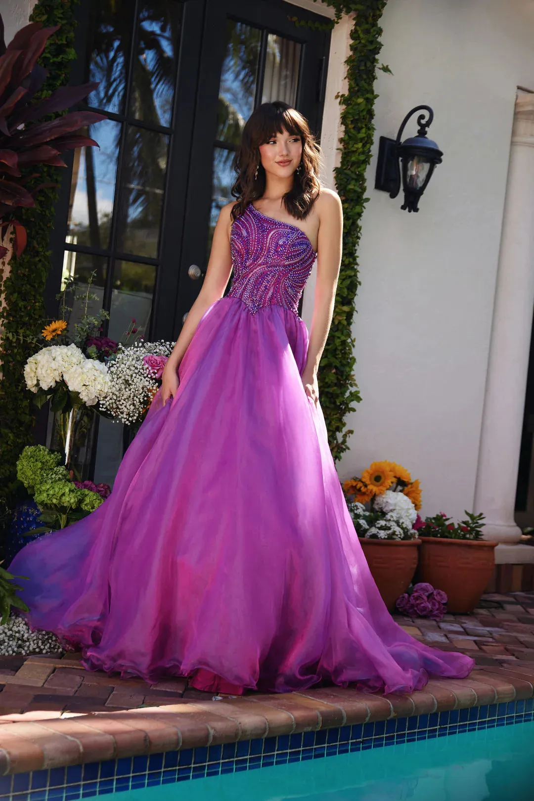 Ava Presley 29258 Long One Shoulder Beaded Pageant Dress Ball Gown A Line Prom Formal Train