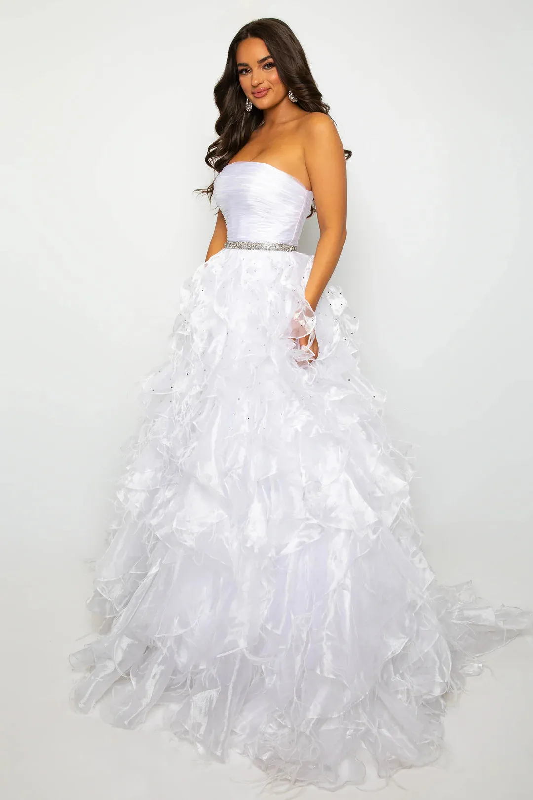 Ava Presley 39555 Long Feather Ruffle Ballgown Prom Dress Pageant Strapless Teen Formal