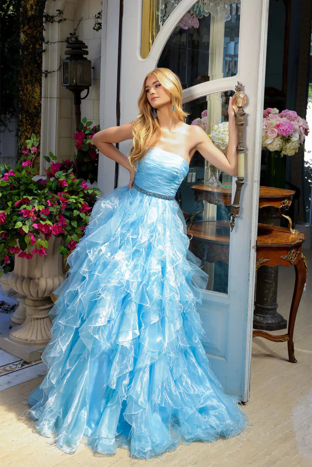Ava Presley 39555 Long Feather Ruffle Ballgown Prom Dress Pageant Strapless Teen Formal