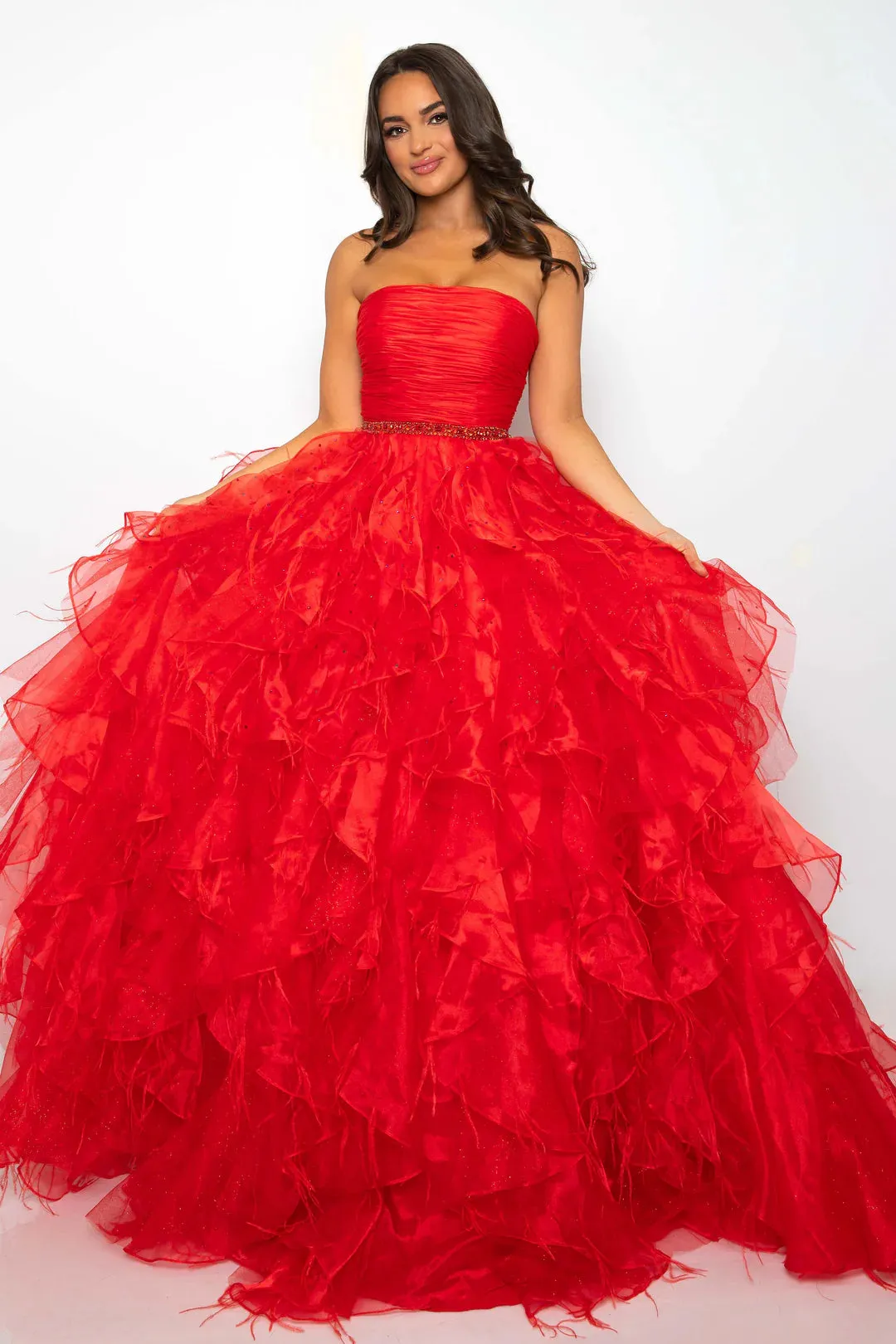 Ava Presley 39555 Long Feather Ruffle Ballgown Prom Dress Pageant Strapless Teen Formal