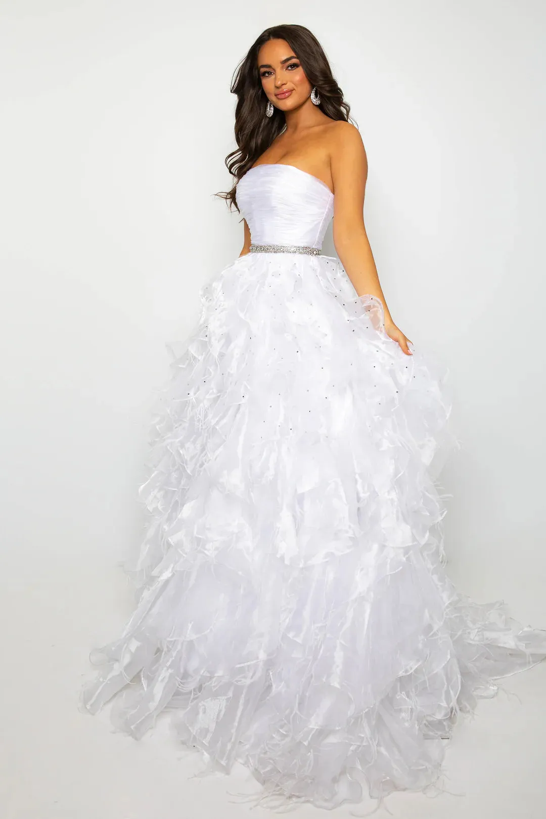 Ava Presley 39555 Long Feather Ruffle Ballgown Prom Dress Pageant Strapless Teen Formal