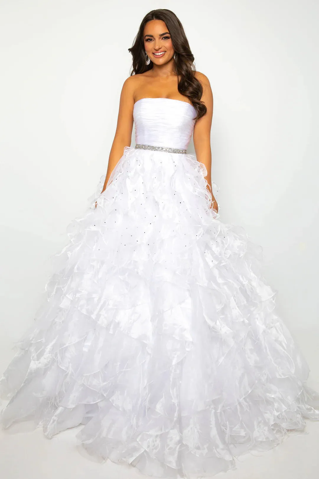 Ava Presley 39555 Long Feather Ruffle Ballgown Prom Dress Pageant Strapless Teen Formal