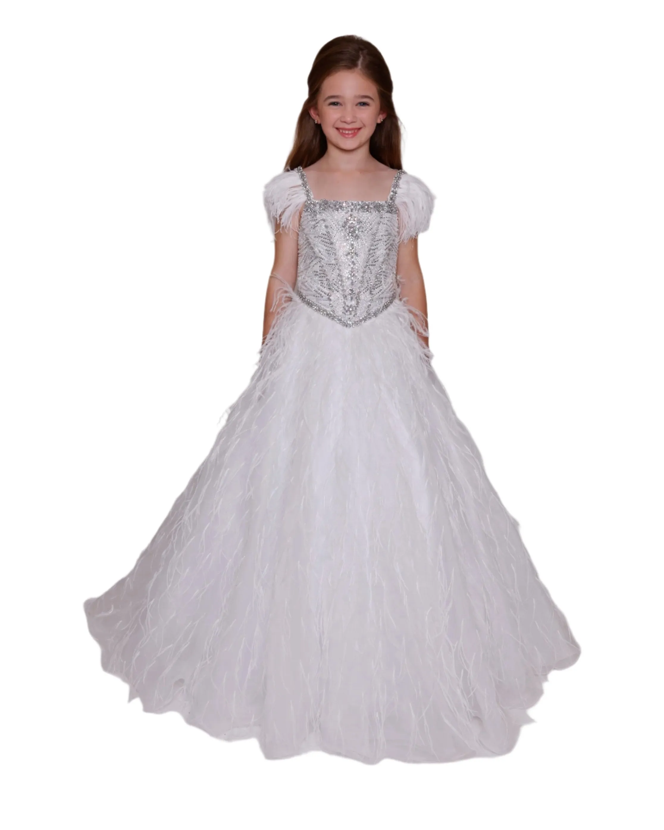 Ava Presley 39889 Girls Crystal Bodice Feather Ballgown Pageant Dress Cap Sleeve Formal