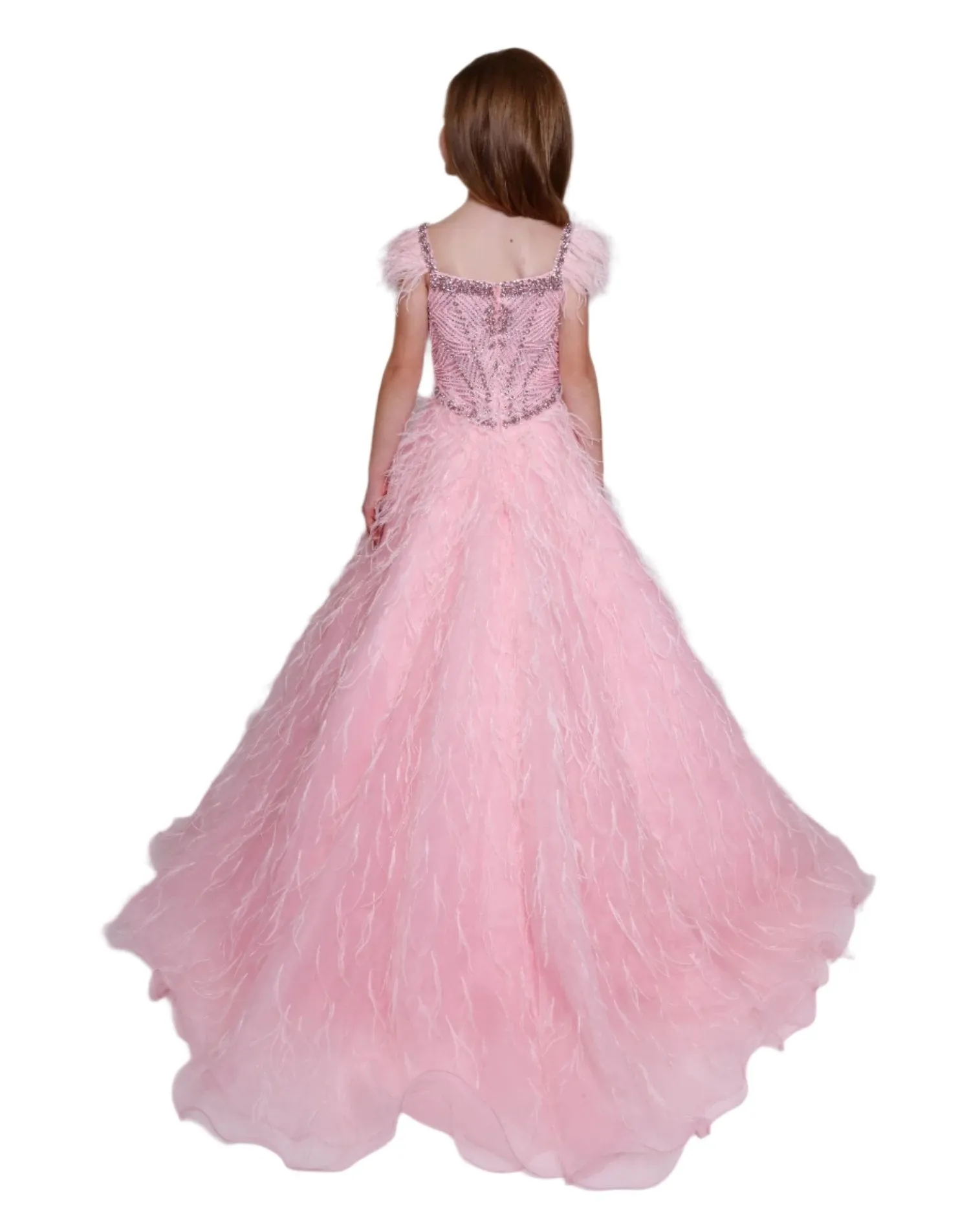 Ava Presley 39889 Girls Crystal Bodice Feather Ballgown Pageant Dress Cap Sleeve Formal