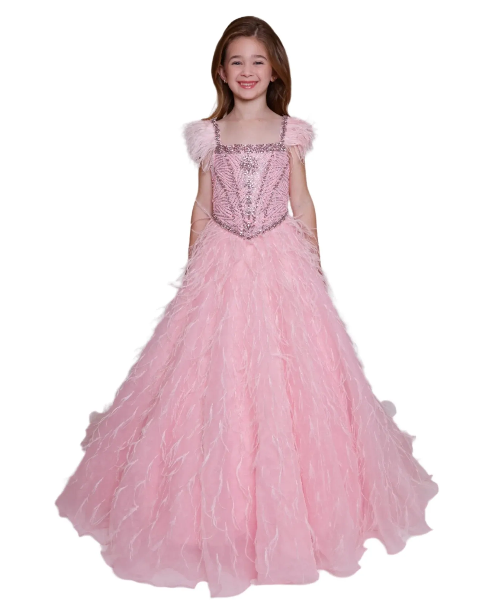 Ava Presley 39889 Girls Crystal Bodice Feather Ballgown Pageant Dress Cap Sleeve Formal