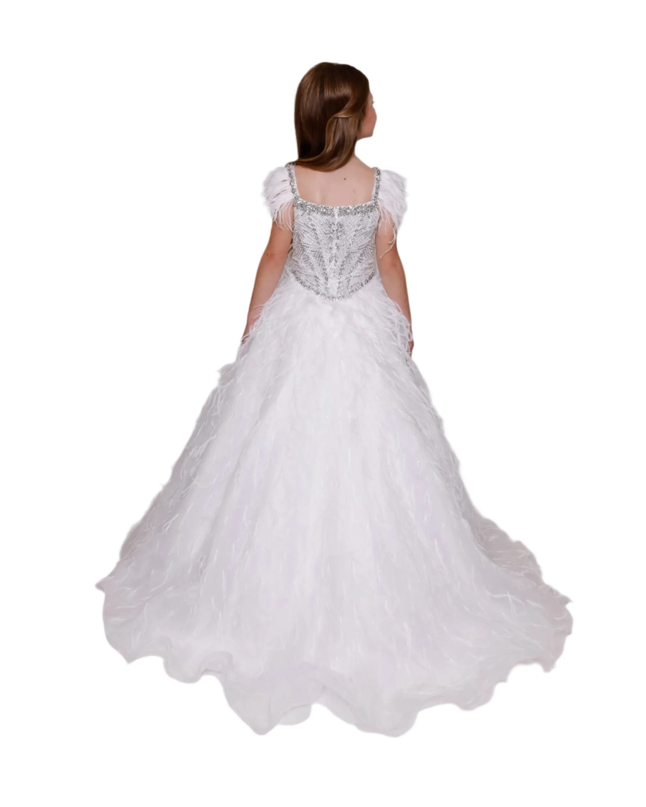 Ava Presley 39889 Girls Crystal Bodice Feather Ballgown Pageant Dress Cap Sleeve Formal