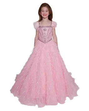 Ava Presley 39889 Girls Crystal Bodice Feather Ballgown Pageant Dress Cap Sleeve Formal