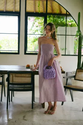 Ava Strapless Crinkle Gingham Dress in Lilac